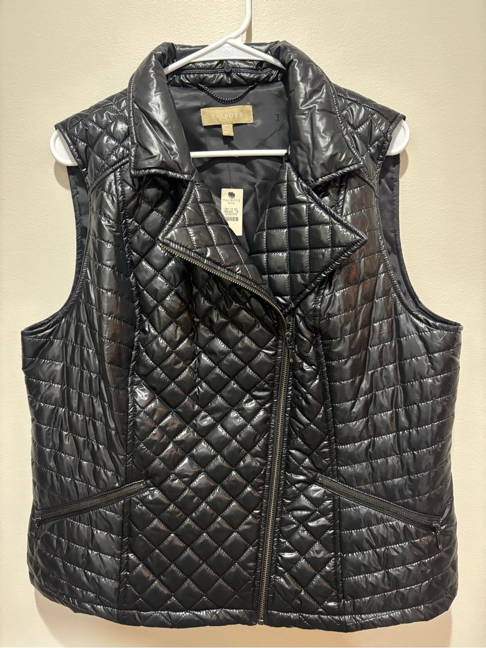 Talbots Black Quilted Puffer Vest Glossy Zip Front Moto Style NWT Lightweight